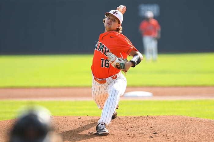 Florida A&M’s Dallas Tease throws at the plate against Prairie View A&M